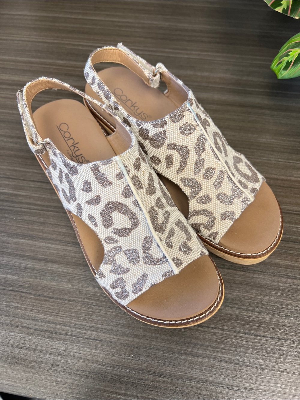 Corkys Taupe Leopard Canvas Slingback Wedges